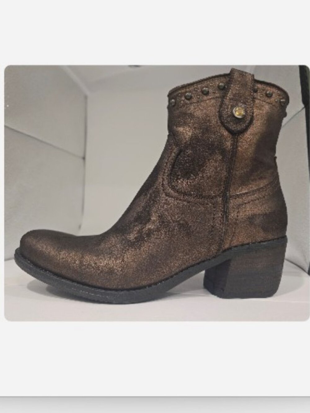 Khrio Bronze Sueded Western Ankle Boots with Stud Detail